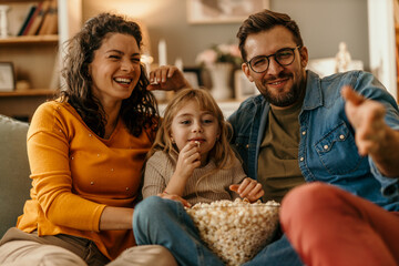 Happy family watching tv and eating popcorn on sofa