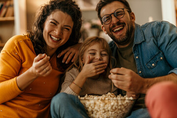 Family laughing and eating popcorn while watching tv
