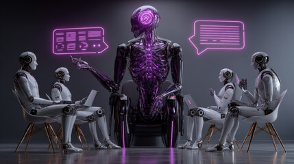 Business chatbot programming development. Robot chatbot holds chat bubble in hand. Online virtual bot with AI selects answer options in messenger or social networks. AI chat bot chatting with customer