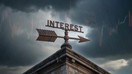 Weather vane with the inscription interest against a backdrop of stormy clouds and a fluctuating stock market graph, symbolizing the uncertainty and challenges in financial markets - Powered by Adobe