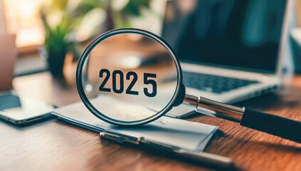 Magnifying glass focusing on 2025 on a desk