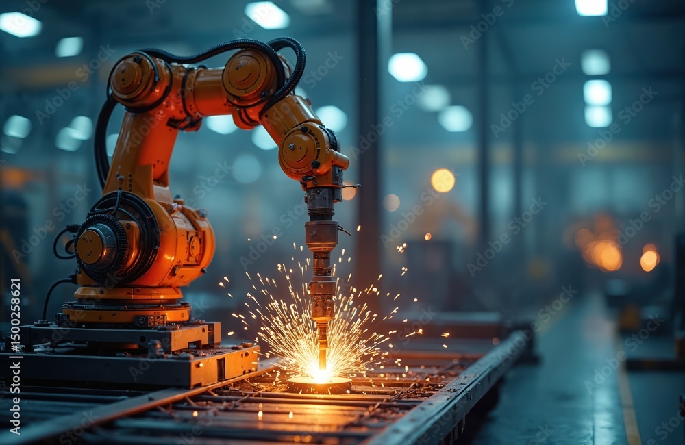 Poster high-tech automated robotic arm welding metal beams in factory. sparks fly during metalwork assembly