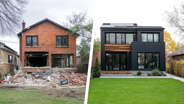 Before and after house renovation.  Modern exterior replacement of brick home