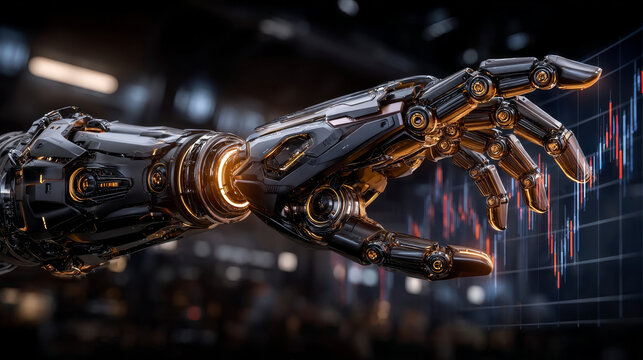 AI helps trader to analyze data on the securities trading stock exchange market. AI chatbot trade on forex. Robot for automation trade on fund stock market. Robot hand points financial business chart