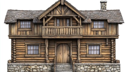 Front view of a rustic wooden log cabin
