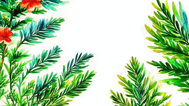 Frame made of botanical elements isolated on wite space, background with green branches and plants, leaves, drawn banner design