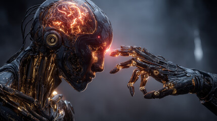 Artificial Intelligence takes control of the infrastructure of entire planet. Man stretches the globe in the palm of his hand to a humanoid robot with cybernetic AI brain connected. 3D rendering.