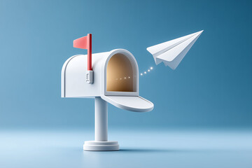 A paper airplane flies out of an opened mailbox against a light blue background