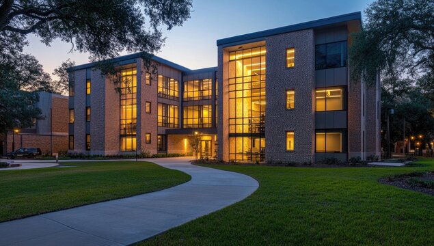 Modern campus residence hall at dusk