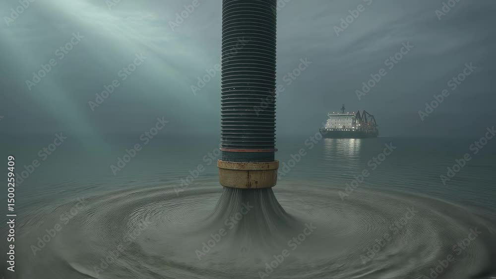 Poster sediment flowing from underwater discharge pipe generating ripples and waves, cargo ship floating ag
