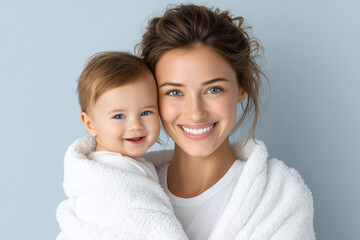 A tender moment between a mother and her baby, both radiating joy and warmth. The mother cradles her child, wrapped in a soft towel, sharing a loving connection