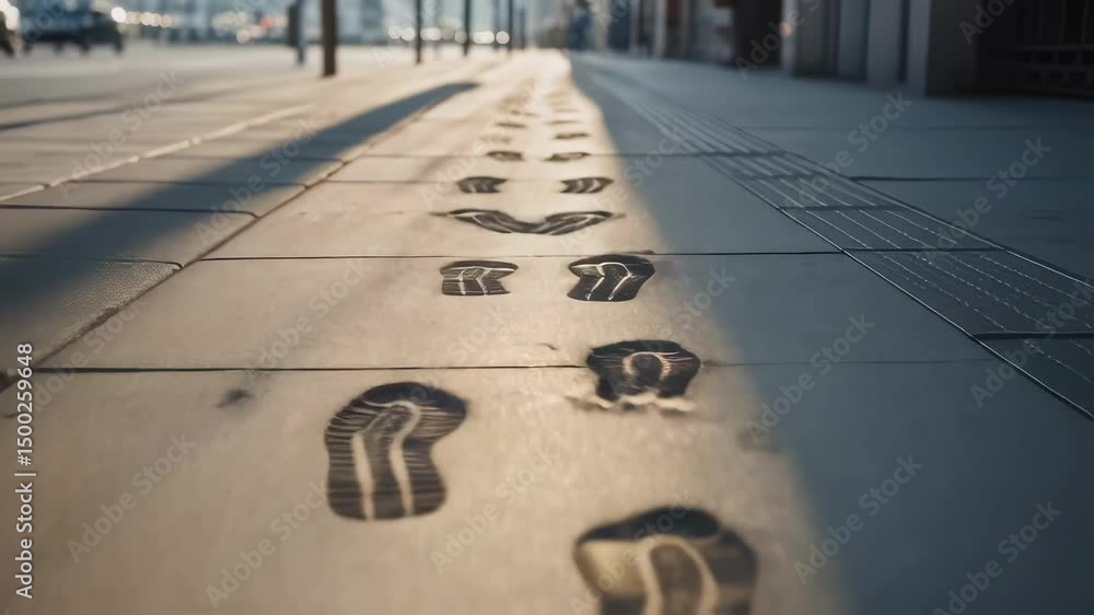 Aufkleber wet footprints are drying on a city sidewalk in the sun, creating a visually appealing contrast betw