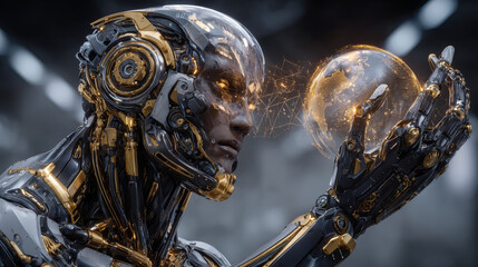 Robot with artificial intelligence control global communications. Robot use virtual hud interface. Technology satellite communication network and internet. Vector abstract future industrial background