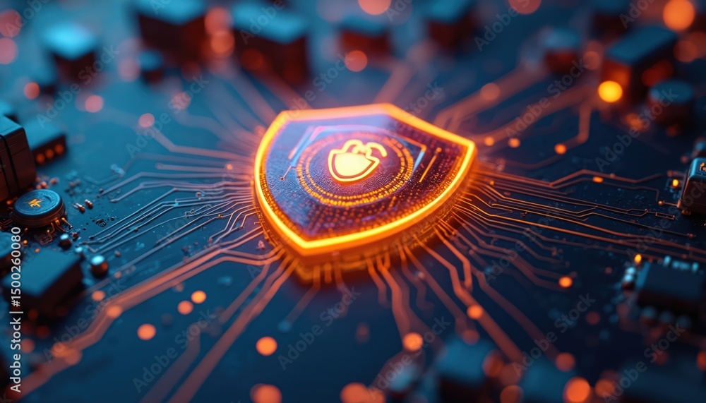Poster Glowing circuit board with digital shield emblem, cyber security, data protection concept. Futuristic tech environment with data encryption, network safety, information privacy. Digital shield