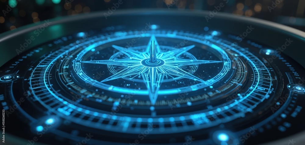 Poster Futuristic digital compass visualizing navigation, direction in blue glow. High-tech tech concept. Abstract graphic design with modern art elements. Digital interface with cybernetic style.