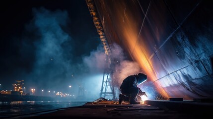 Nighttime Welding Work on a Ship Hull