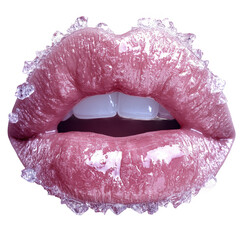 Beautiful lips with ice crystals close up beauty and skincare concept art on transparent background