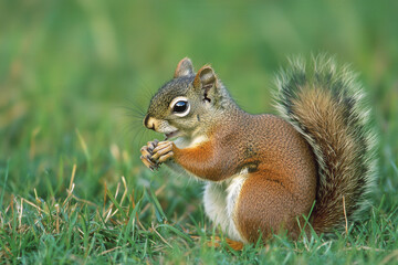 Nestled in a patch of sunlit grass, the squirrel sits upright with twitching whiskers and a flicking tail, scanning its surroundings for food or danger