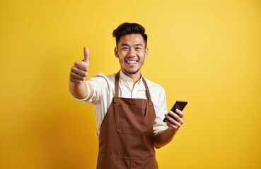 Cheerful Asian barista in brown apron holds smartphone showing thumbs up. Happy man employee in coffee shop gives positive recommendation. Small business startup, cafe service.