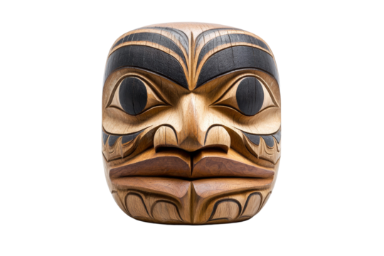 Wooden carving of a face with black and brown paint