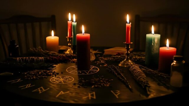 Mystical Witchcraft Altar with Lit Candles and Symbols for Ritual