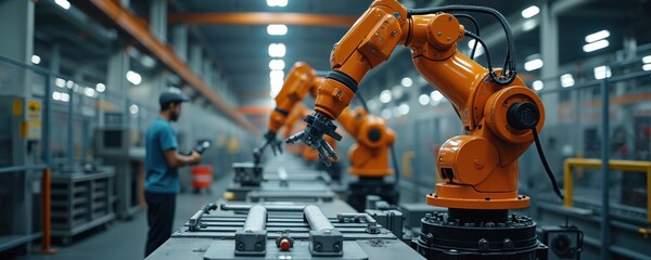 Technician programs industrial robots in factory setting. Orange robotic arms move parts on production line. Modern tech, automated manufacturing, high-tech engineering. AI automation, Industry 4. 0.
