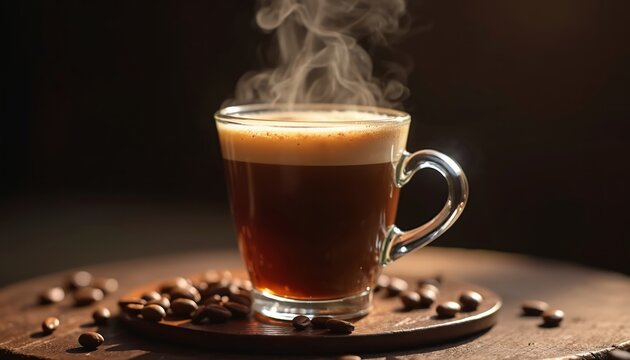 Steaming bicerin coffee drink in glass cup. Coffee beans around. Close-up of hot beverage with whipped cream. Popular cafe drink for breakfast. Cafe menu drink, coffee shop menu. Caffeine energy.