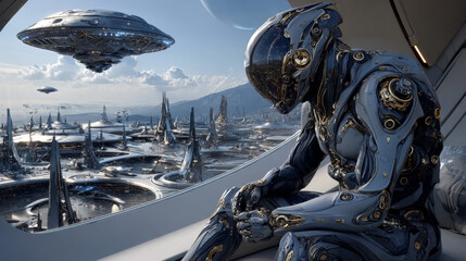 An cosmonaut sits on a futuristic spaceship at spaceport and looks at the stars. Sci-fi illustration of an astronaut in a futuristic spacesuit, on the runway of a space station, a flying saucer landed