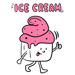 Ice cream doodle hand drawn icon with character. Vector illustration