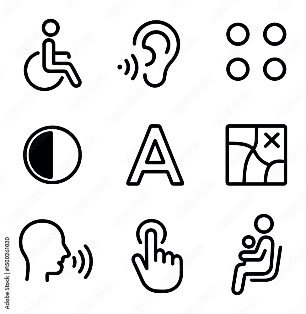 Aufkleber accessibility icons grid. outline icon set of accessibility and inclusive features: wheelchair symbo
