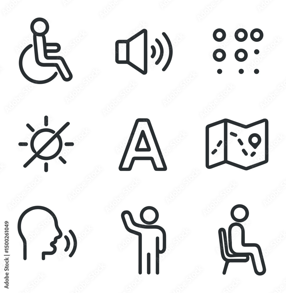 Poster accessibility icons grid. outline icon set of accessibility and inclusive features: wheelchair symbo