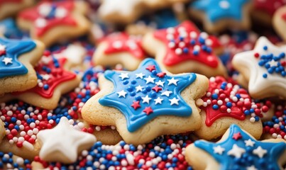 Obraz premium 4th of July cookies with sprinkles and stars close up. AI generated illustration.