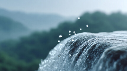 Macro shot of water cascading over rock, droplets floating in air, misty forest background. Evokes freshness, purity, and tranquility. Ideal for nature, spa, and health.