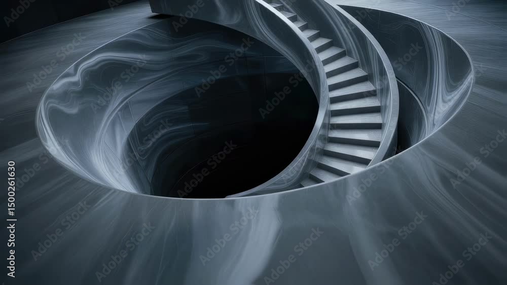 Poster elegant spiral staircase rotating on a dark marble floor, creating a mesmerizing visual effect, perf