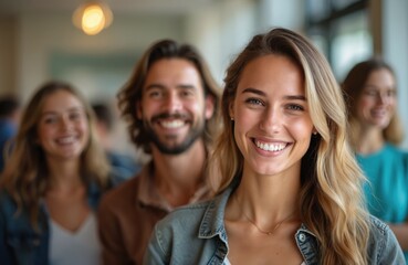 Obraz premium Portrait of beautiful young woman smiling to camera with group friends in blurred background. Happy people enjoy time together. Teamwork, business, lifestyle, friendship, meeting, vacation, joy.