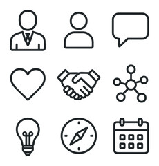 AI Mentorship Icons. Outline icon set of AI mentorship platform: mentor figure, mentee figure, speech bubble, heart, handshake,