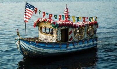 Obraz premium Festively decorated boat on a lake for Independence Day celebration. AI generated illustration.