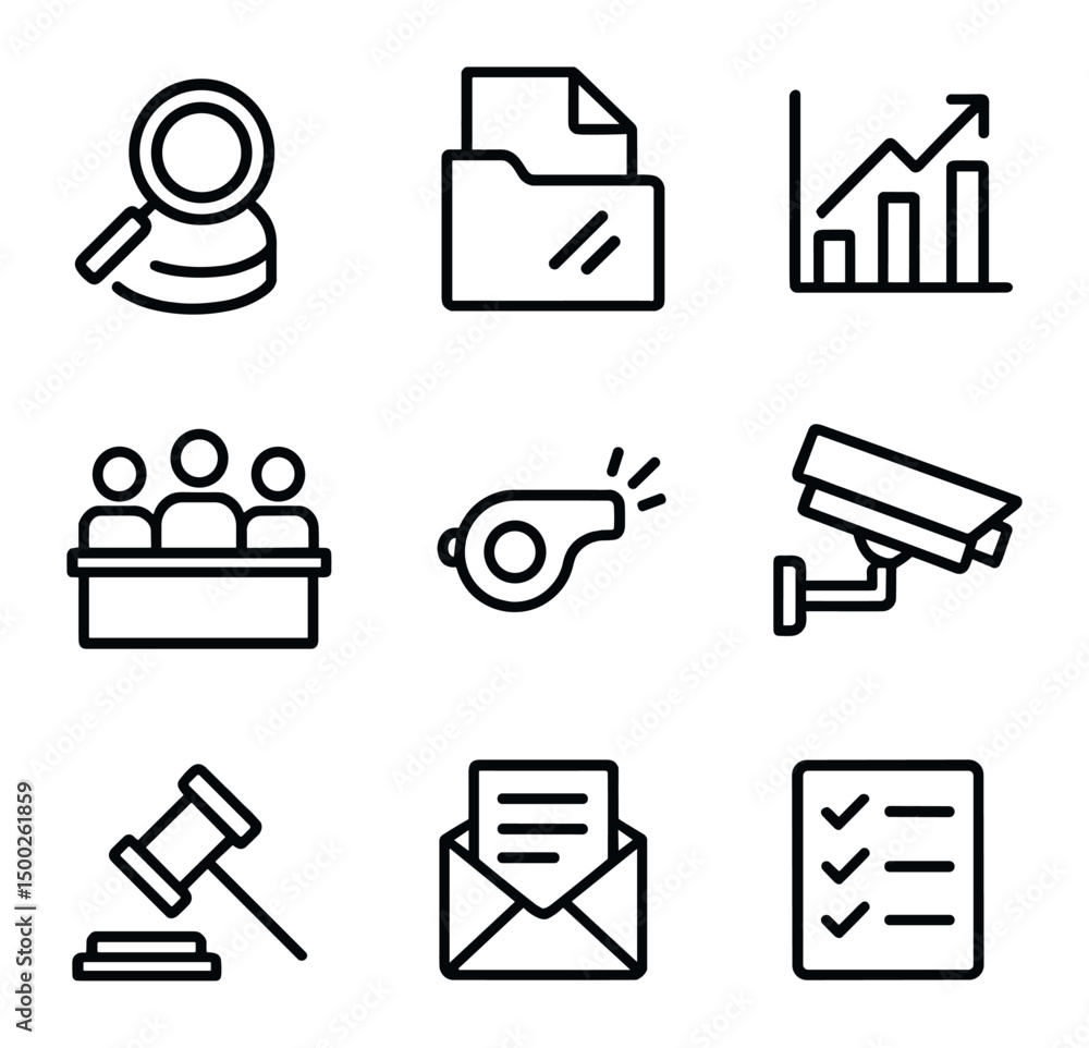 Poster accountability icons collection. outline icon set of accountability mechanisms: audit magnifier, tra