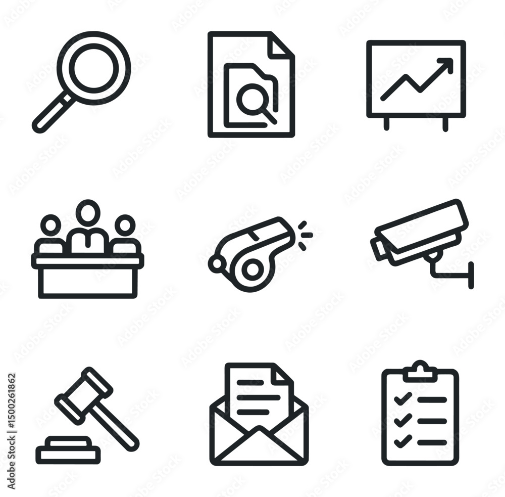 Poster accountability icons collection. outline icon set of accountability mechanisms: audit magnifier, tra