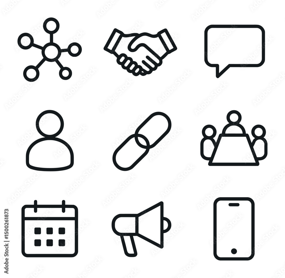 Aufkleber ai networking icons. outline icon set of ai networking assistant: network nodes, handshake, message 