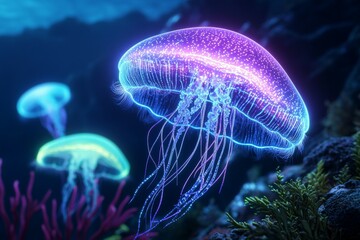 Obraz premium Glowing bioluminescent jellyfish in vibrant underwater ocean scene
