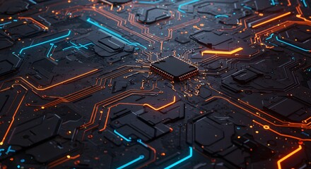 Illuminated Circuit Board Closeup Vibrant Microchip, LED Pathways & Dynamic Droplet Accents
