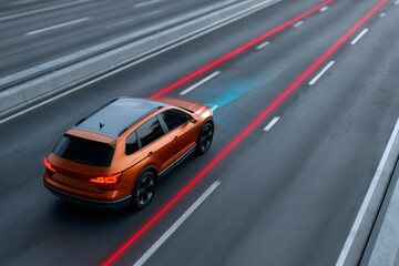 Autonomous orange suv navigating highway with safety sensors and laser guidance