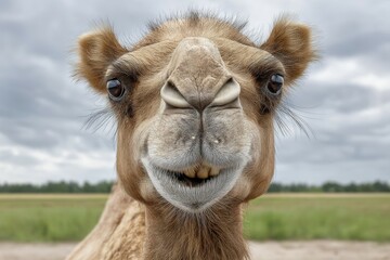 Obraz premium Close-up of smiling camel against cloudy sky
