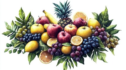 Colorful assortment of fruits and tropical leaves.
