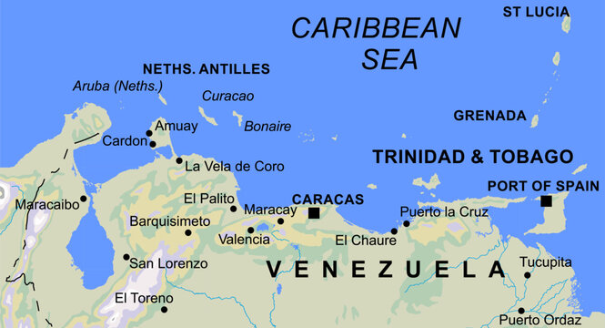 Vector geographical world map. Venezuela,
trinidad and tobago, grenada, st lucia, antilles,
caribbean sea, caracas, port of spain, aruba,
curacao, bonaire, maracay, puerto la cruz, maracaibo, tucupita