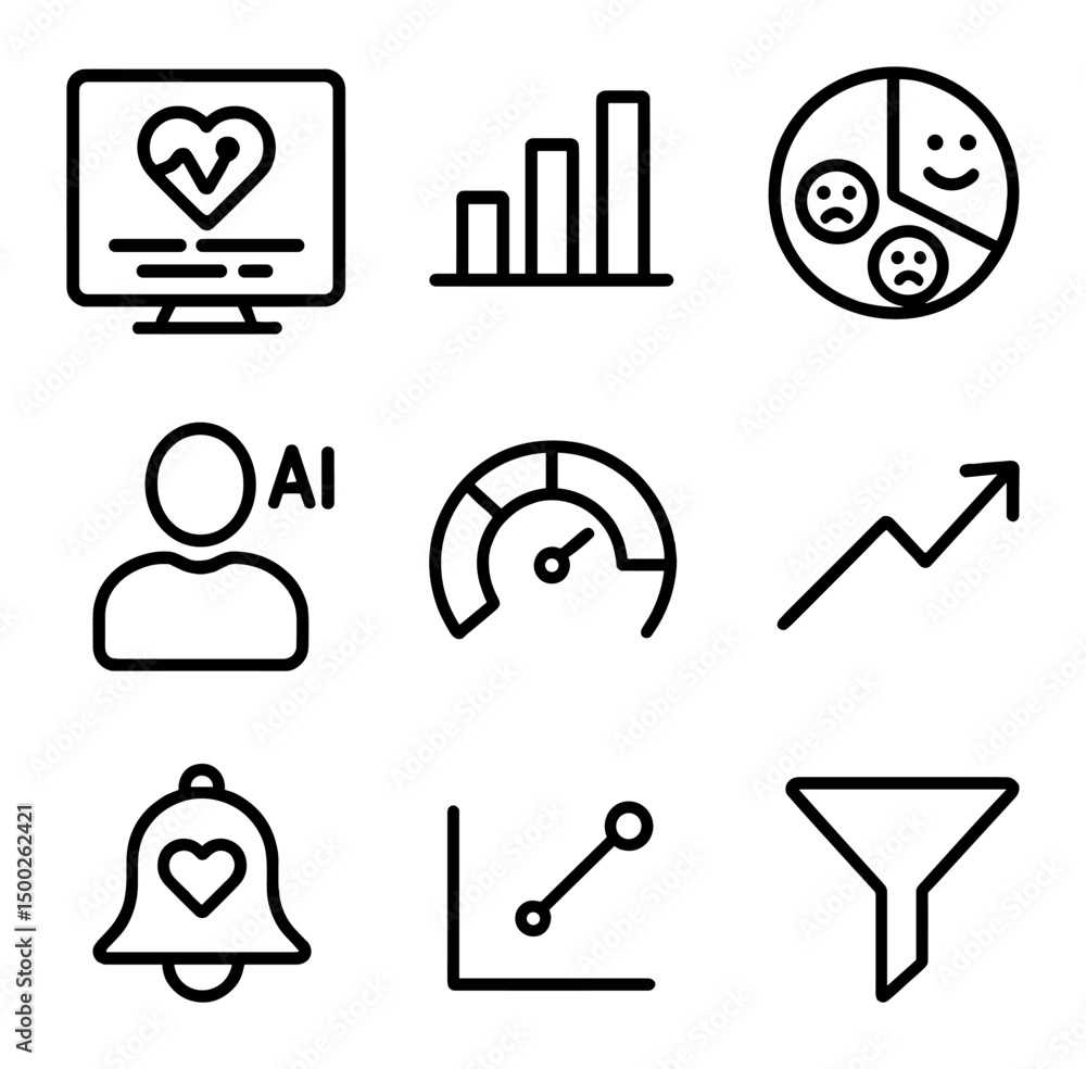 Poster ai analytics icon set. outline icon set of ai empathy analytics: dashboard screen, bar chart, sentim