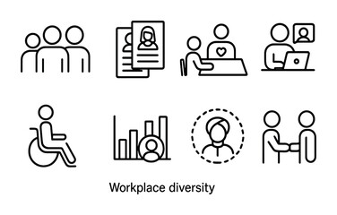Workplace diversity outline icons set – linear, teamwork, inclusion symbols