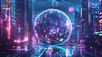 Fototapeta premium Futuristic city scene with glowing sphere.