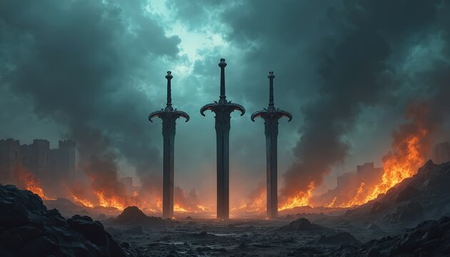 Three mighty swords stand in apocalyptic battlefield. Flames rage under dark, stormy sky, devastation, ruin after war. Ancient, fantasy scene, grim landscape, twilight, historical fiction, mediaeval.